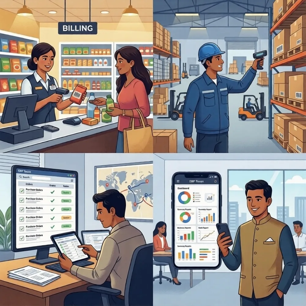 ErpTeson in action — billing at the counter, warehouse stock scanning, purchase orders, and the mobile dashboard
